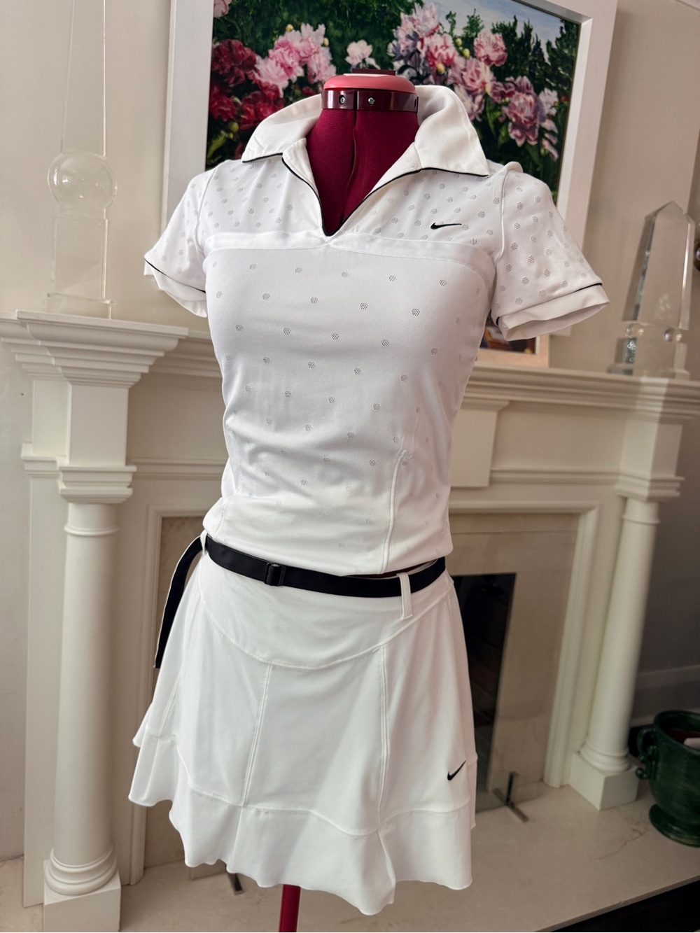 Nike Vintage 2-Piece Tennis Set White Black Piping Polo Top & Belted Skort